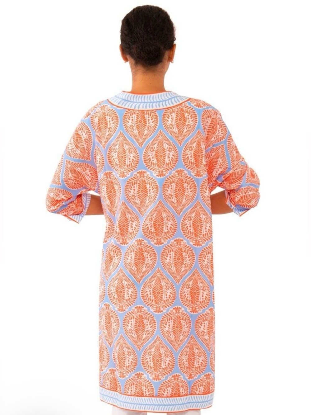 Gretchen Scott Coral & Sky Blue Printed Duster Kimono Jacket Indian Summer M/L - Picture 2 of 7